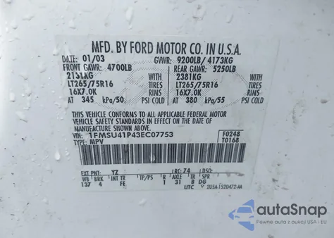 2003 Ford Excursion Xlt from USA, damaged, VIN 1FMSU41P43EC07753